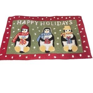 Vintage Hooked Rug Holiday Decor Christmas Penguins Handmade Accent Rug 29”X18”